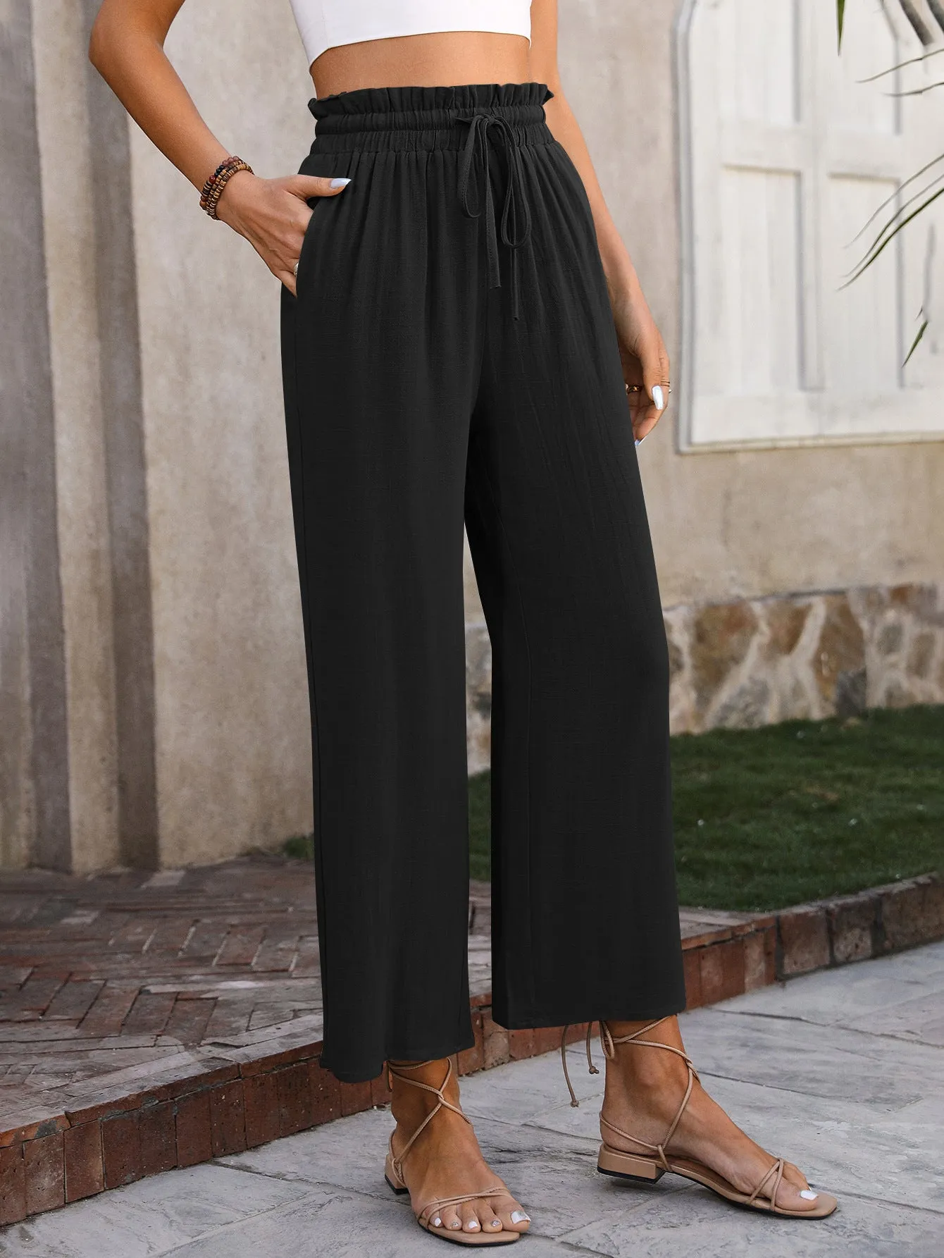 Women Clothing Spring Summer Casual Solid Color Loose Cotton Linen High Waist Wide Leg Trousers Women