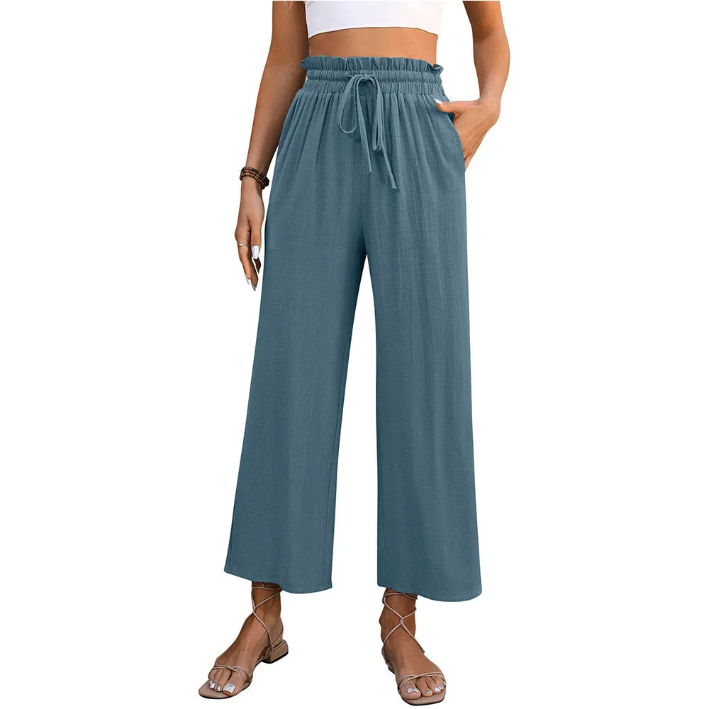 Women Clothing Spring Summer Casual Solid Color Loose Cotton Linen High Waist Wide Leg Trousers Women