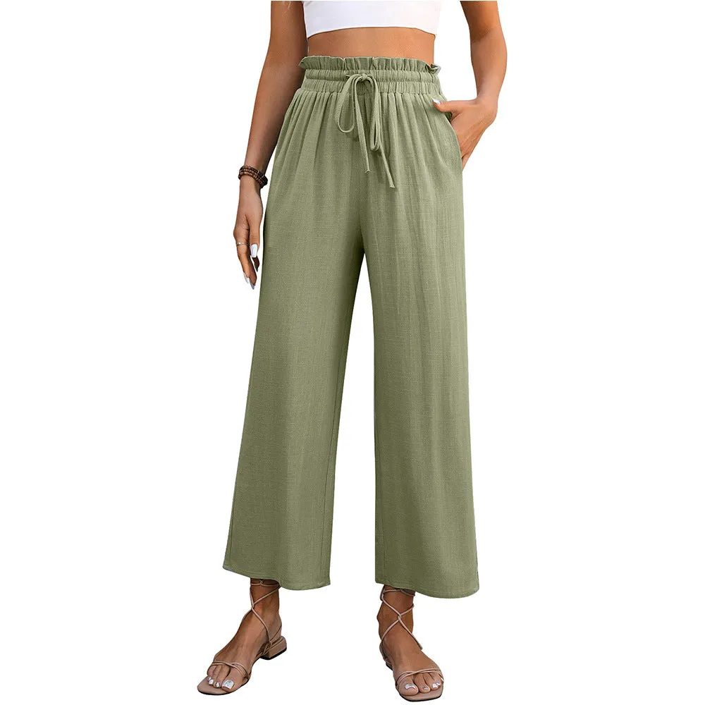 Women Clothing Spring Summer Casual Solid Color Loose Cotton Linen High Waist Wide Leg Trousers Women