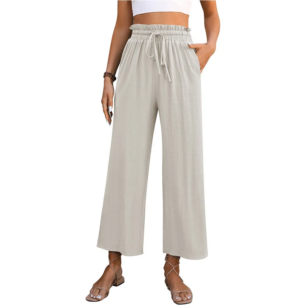 Women Clothing Spring Summer Casual Solid Color Loose Cotton Linen High Waist Wide Leg Trousers Women