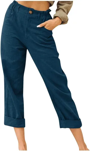 Women Cotton Linen Capri Pants Cropped Trousers 3/4 Length Trouser Summer Plain Pant Straight Leg Bottoms with Pockets
