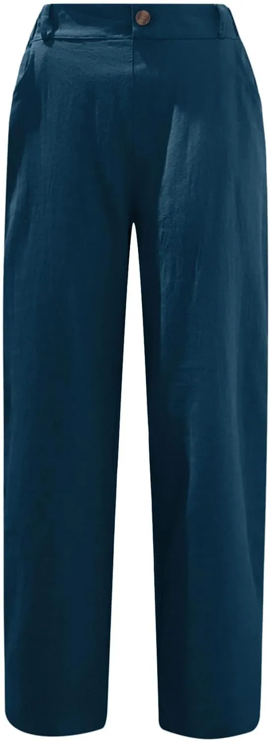Women Cotton Linen Capri Pants Cropped Trousers 3/4 Length Trouser Summer Plain Pant Straight Leg Bottoms with Pockets