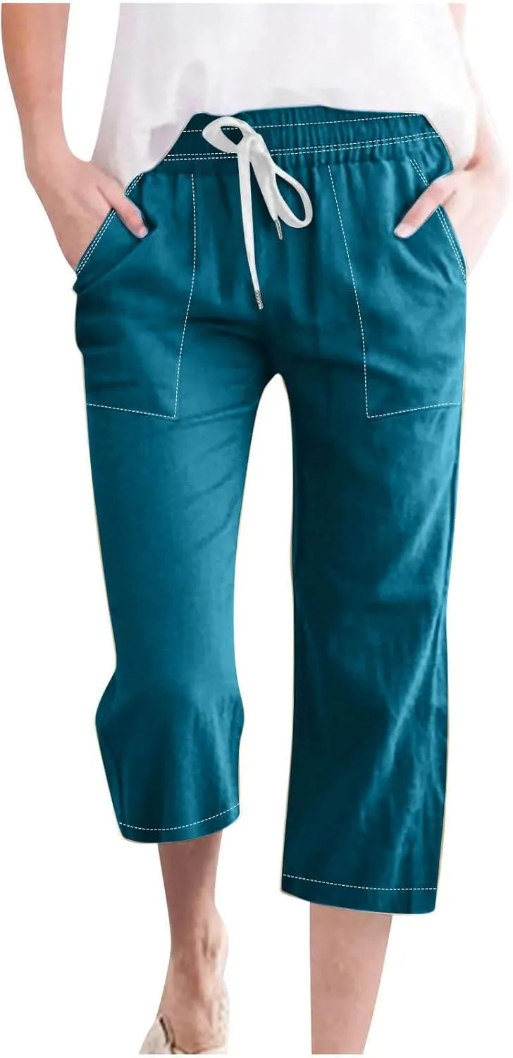 Women Cotton Linen Capri Pants Summer Capris Straight Leg Trousers with Pocket High Waist Casual Dress Pant Solid Color
