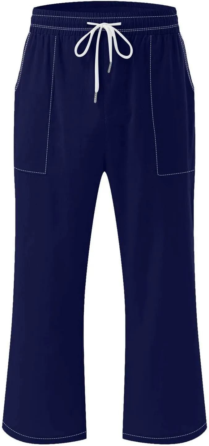 Women Cotton Linen Capri Pants Summer Capris Straight Leg Trousers with Pocket High Waist Casual Dress Pant Solid Color