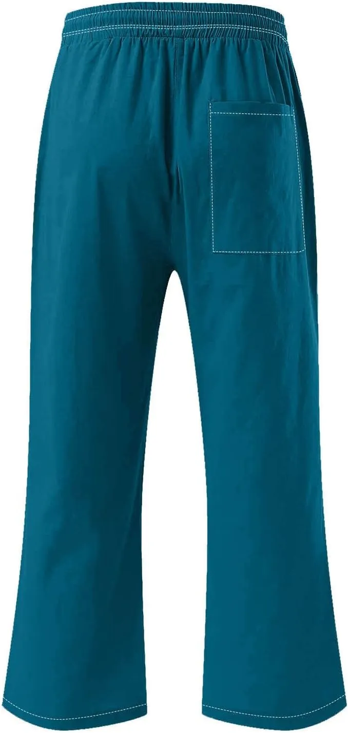 Women Cotton Linen Capri Pants Summer Capris Straight Leg Trousers with Pocket High Waist Casual Dress Pant Solid Color