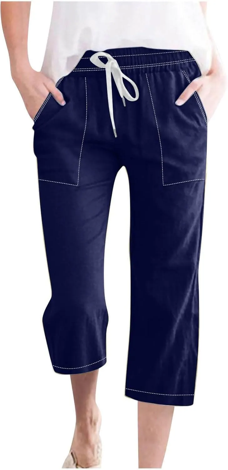 Women Cotton Linen Capri Pants Summer Capris Straight Leg Trousers with Pocket High Waist Casual Dress Pant Solid Color