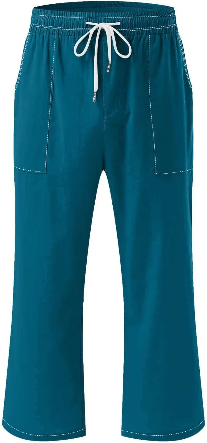 Women Cotton Linen Capri Pants Summer Capris Straight Leg Trousers with Pocket High Waist Casual Dress Pant Solid Color