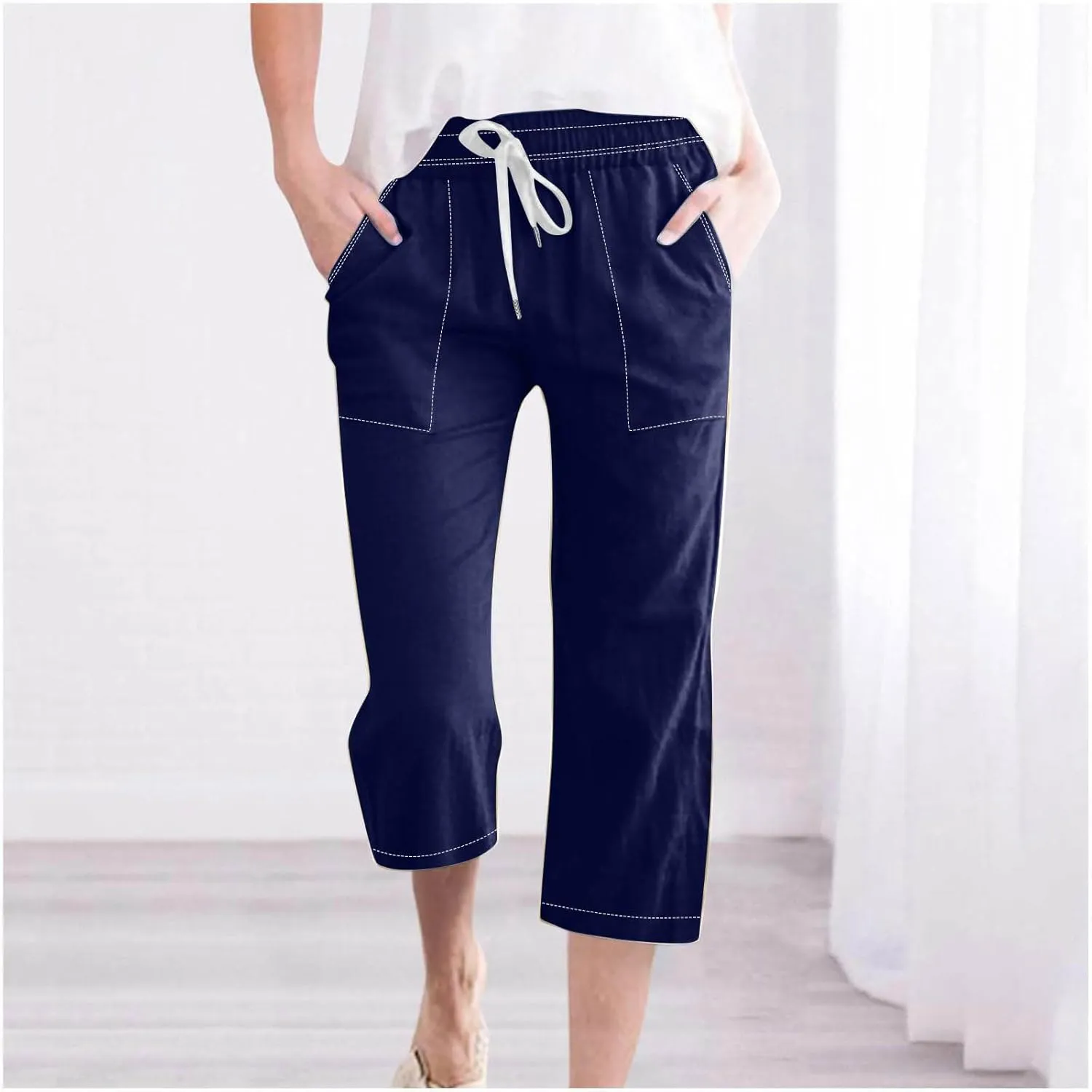 Women Cotton Linen Capri Pants Summer Capris Straight Leg Trousers with Pocket High Waist Casual Dress Pant Solid Color