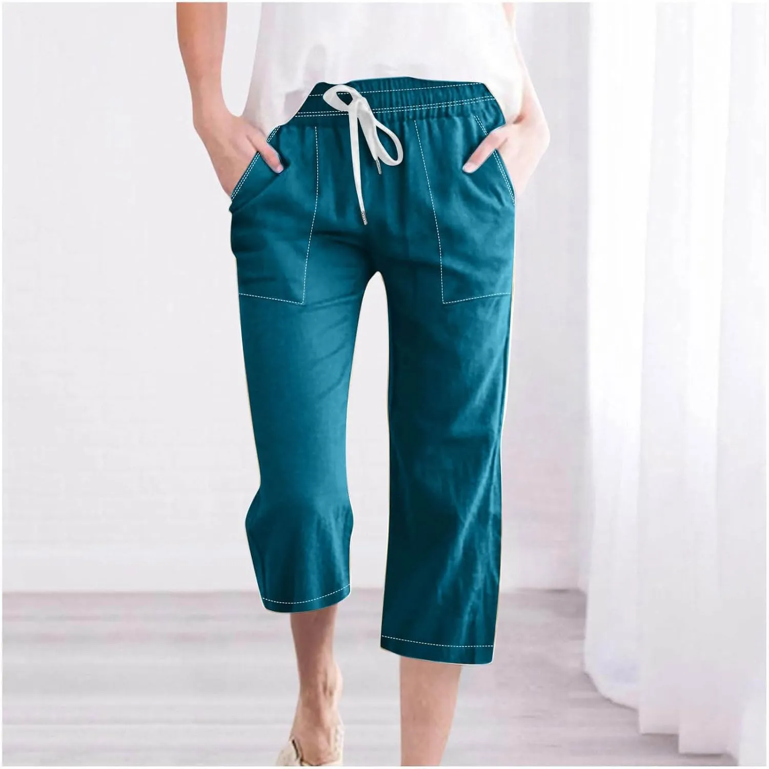 Women Cotton Linen Capri Pants Summer Capris Straight Leg Trousers with Pocket High Waist Casual Dress Pant Solid Color