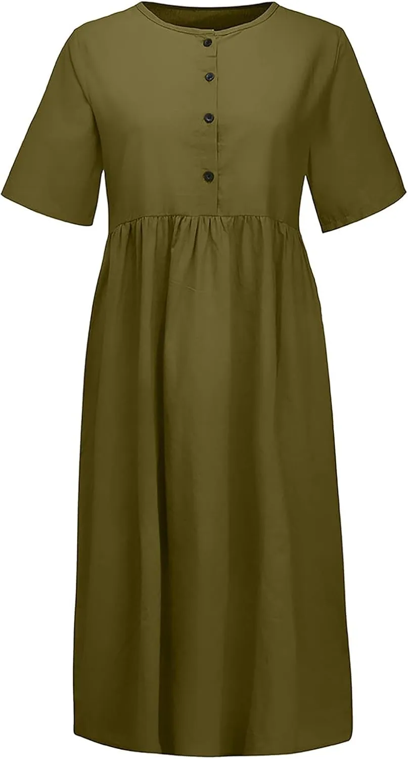 Women Linen Dresses Short Sleeve V Neck Long Dress Irregular Hem Casual Summer Cotton Linen Dress Fashion Maxi Dress