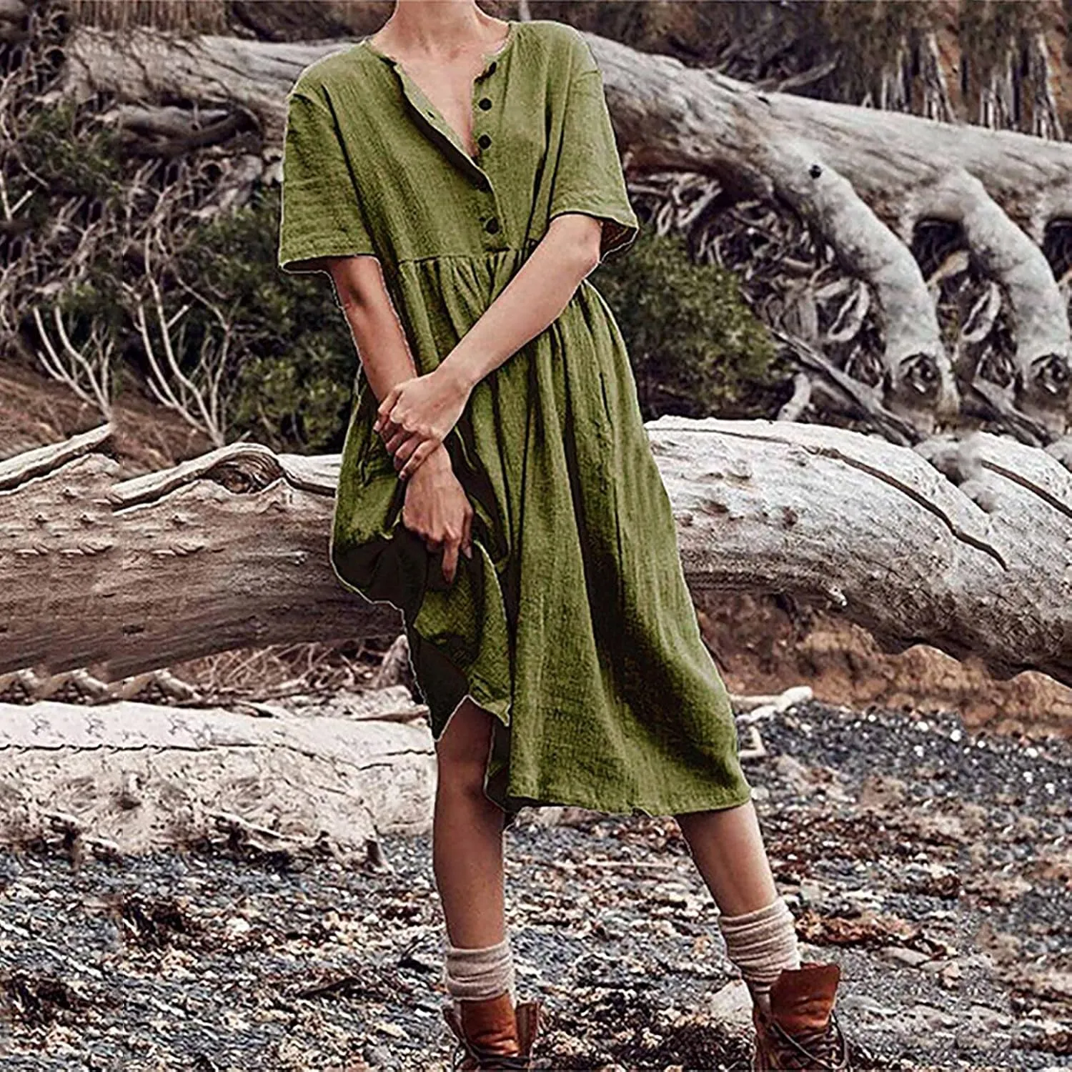 Women Linen Dresses Short Sleeve V Neck Long Dress Irregular Hem Casual Summer Cotton Linen Dress Fashion Maxi Dress