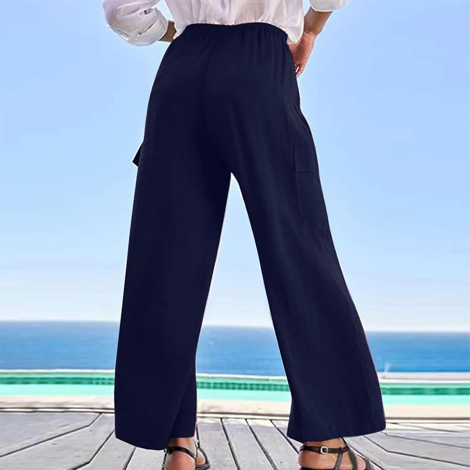 Women Palazzo Pants with Pockets Summer Casual Wide Leg High Waist Lounge Pants Flowy Beach Trousers Travel