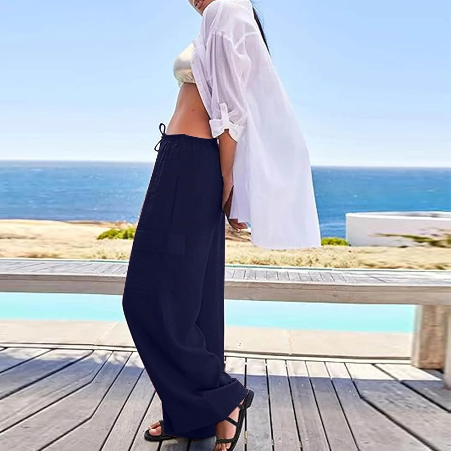 Women Palazzo Pants with Pockets Summer Casual Wide Leg High Waist Lounge Pants Flowy Beach Trousers Travel