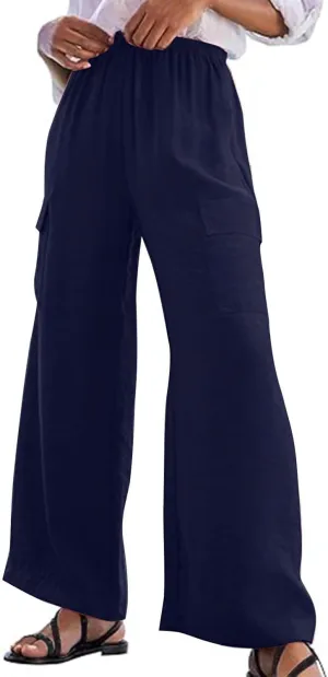 Women Palazzo Pants with Pockets Summer Casual Wide Leg High Waist Lounge Pants Flowy Beach Trousers Travel