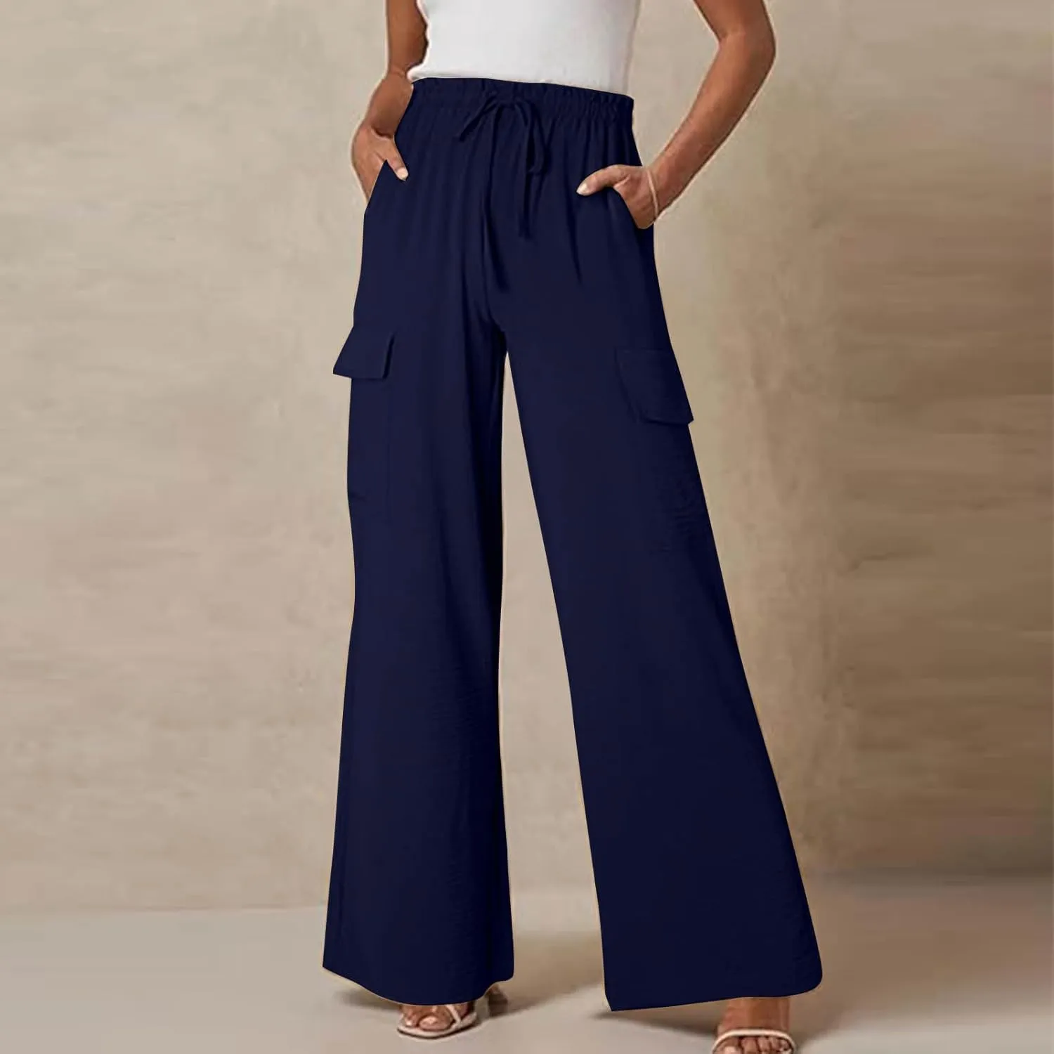 Women Palazzo Pants with Pockets Summer Casual Wide Leg High Waist Lounge Pants Flowy Beach Trousers Travel