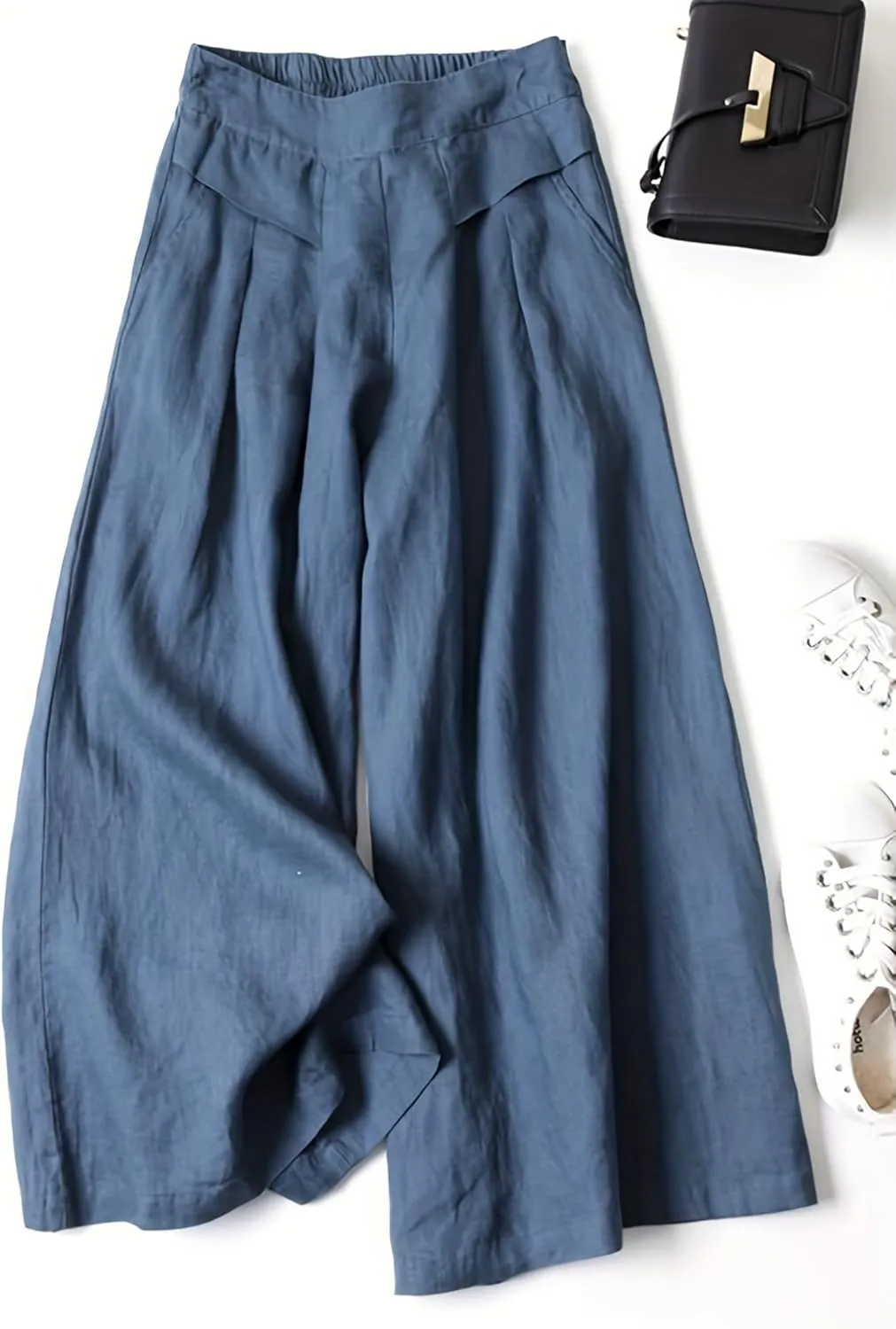 Women' s Culottes Linen Blend Wide Leg Pants Elastic Waist Casual High Waisted Palazzo Trousers with Pockets for Women