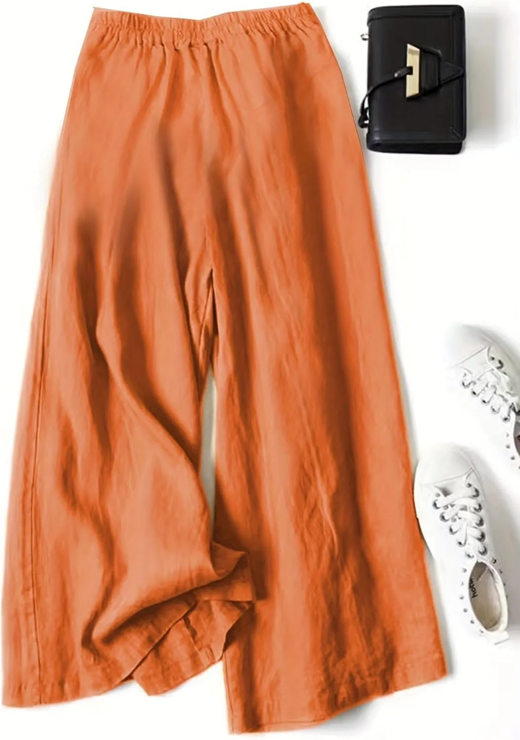 Women' s Culottes Linen Blend Wide Leg Pants Elastic Waist Casual High Waisted Palazzo Trousers with Pockets for Women