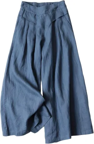 Women' s Culottes Linen Blend Wide Leg Pants Elastic Waist Casual High Waisted Palazzo Trousers with Pockets for Women
