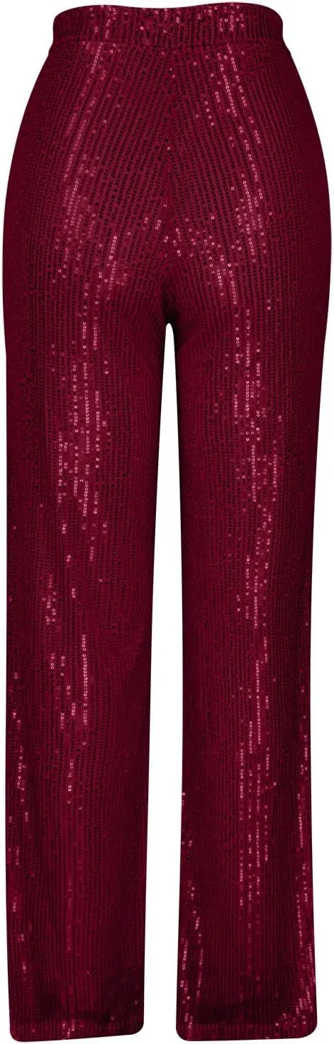 Women Sequin Pants High Waist Wide Leg Pants Long Glitter Palazzo Culottes Bling Party Clubwear Pants Fashion Trousers
