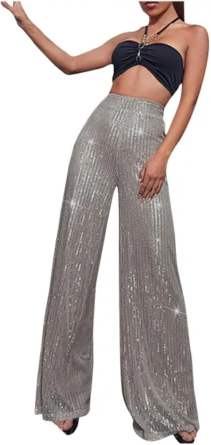 Women Sequin Pants High Waist Wide Leg Pants Long Glitter Palazzo Culottes Bling Party Clubwear Pants Fashion Trousers