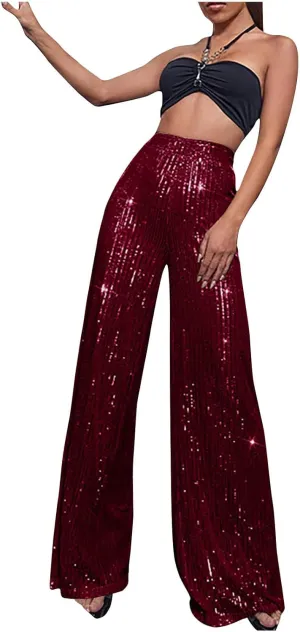 Women Sequin Pants High Waist Wide Leg Pants Long Glitter Palazzo Culottes Bling Party Clubwear Pants Fashion Trousers