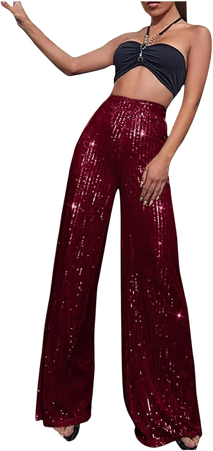 Women Sequin Pants High Waist Wide Leg Pants Long Glitter Palazzo Culottes Bling Party Clubwear Pants Fashion Trousers