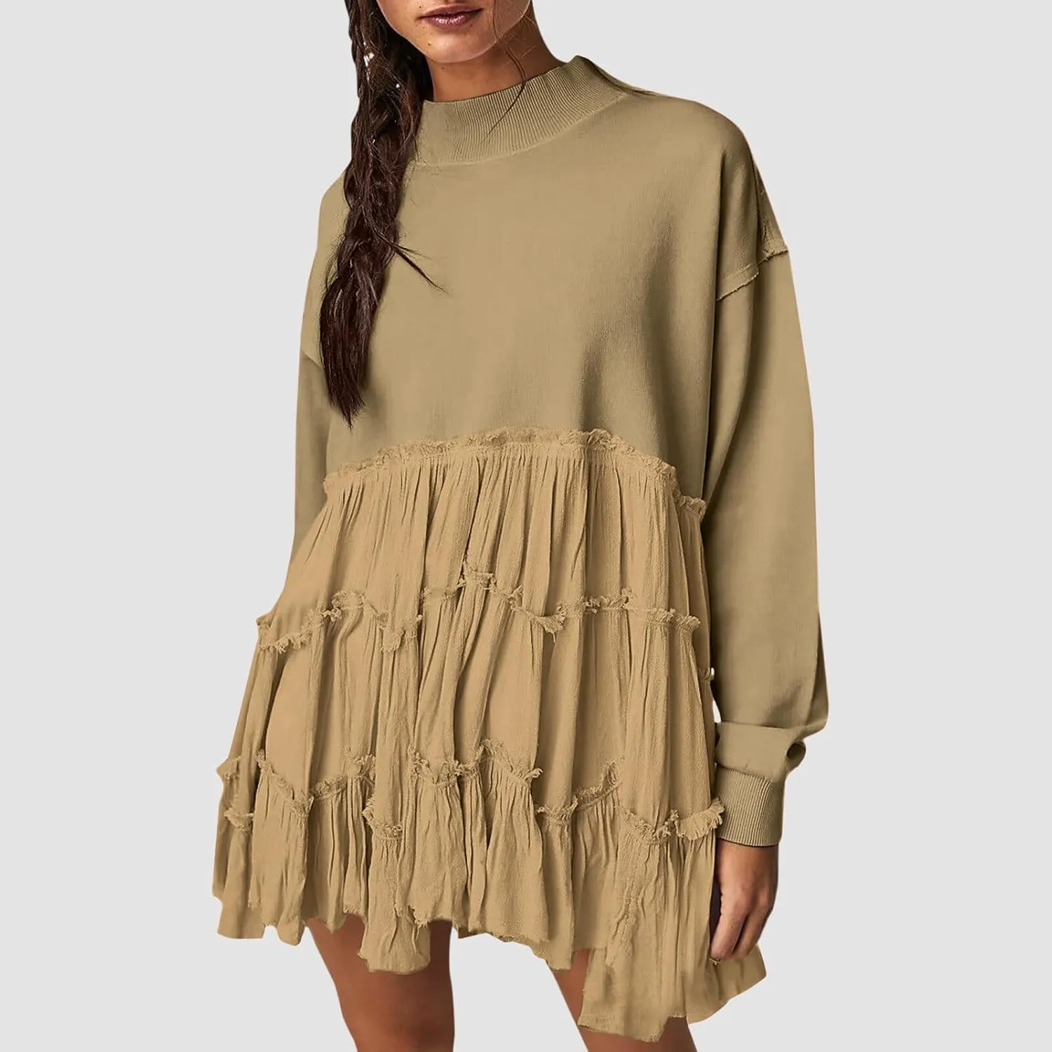 Women's 2024 Fall Winter Flowy Oversized Sweatshirt Mini Dress Casual Long Sleeve Ruffle Hem Patchwork Pleated Dresses