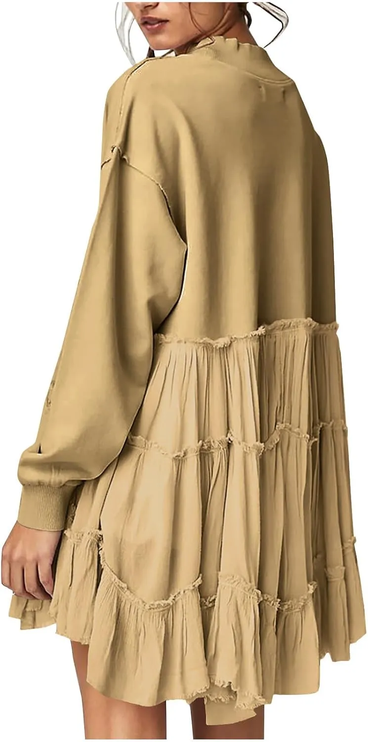 Women's 2024 Fall Winter Flowy Oversized Sweatshirt Mini Dress Casual Long Sleeve Ruffle Hem Patchwork Pleated Dresses