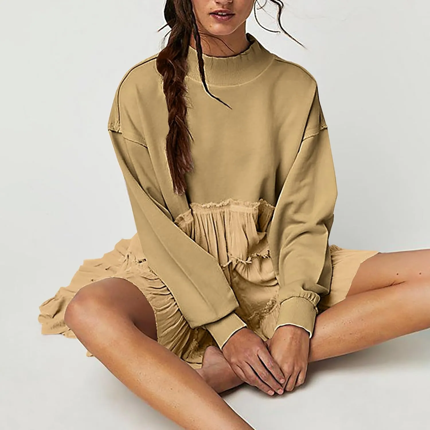 Women's 2024 Fall Winter Flowy Oversized Sweatshirt Mini Dress Casual Long Sleeve Ruffle Hem Patchwork Pleated Dresses