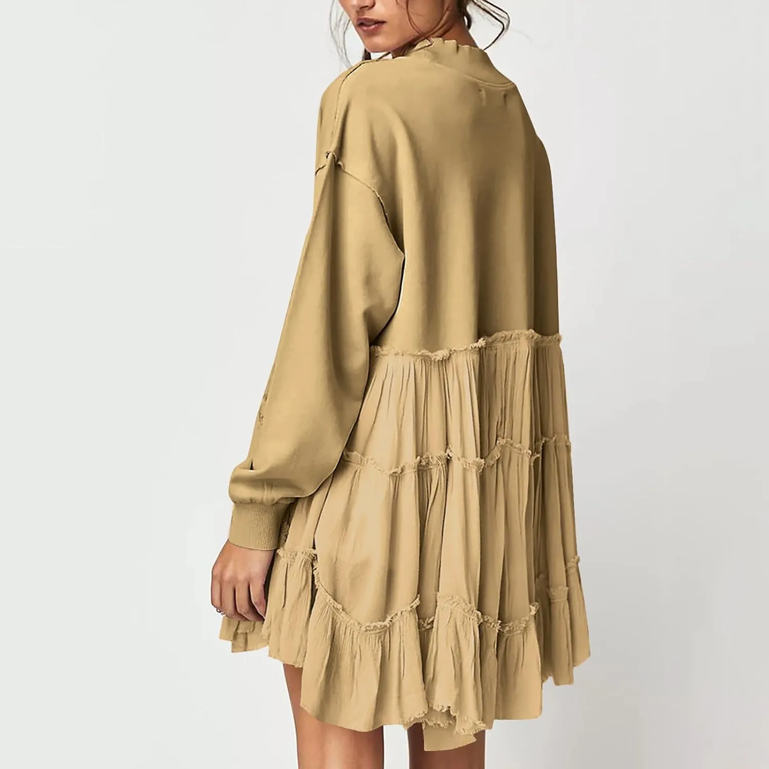 Women's 2024 Fall Winter Flowy Oversized Sweatshirt Mini Dress Casual Long Sleeve Ruffle Hem Patchwork Pleated Dresses