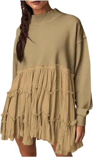 Women's 2024 Fall Winter Flowy Oversized Sweatshirt Mini Dress Casual Long Sleeve Ruffle Hem Patchwork Pleated Dresses