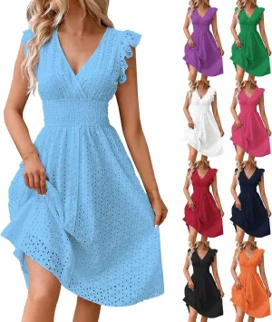 Women's 2025 Eyelet Lace Embroidery Smocked Waist Party Dresses Sexy Flutter Sleeve A Line Midi Long Summer Sundress