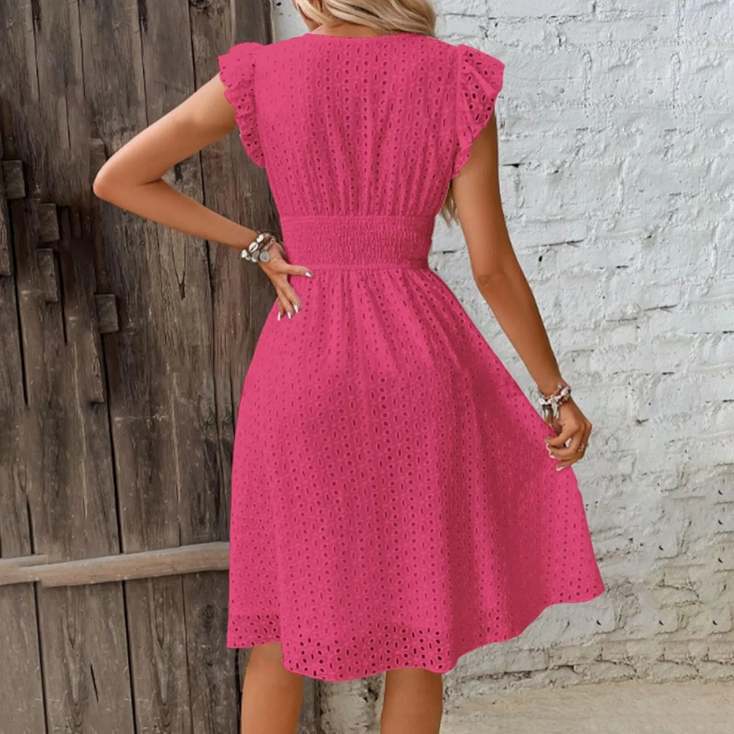 Women's 2025 Eyelet Lace Embroidery Smocked Waist Party Dresses Sexy Flutter Sleeve A Line Midi Long Summer Sundress