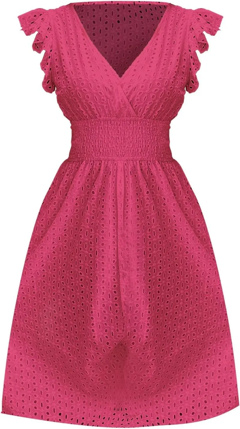 Women's 2025 Eyelet Lace Embroidery Smocked Waist Party Dresses Sexy Flutter Sleeve A Line Midi Long Summer Sundress