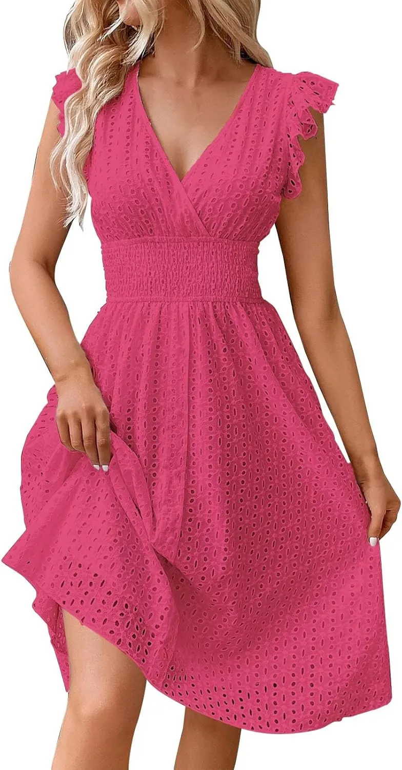 Women's 2025 Eyelet Lace Embroidery Smocked Waist Party Dresses Sexy Flutter Sleeve A Line Midi Long Summer Sundress