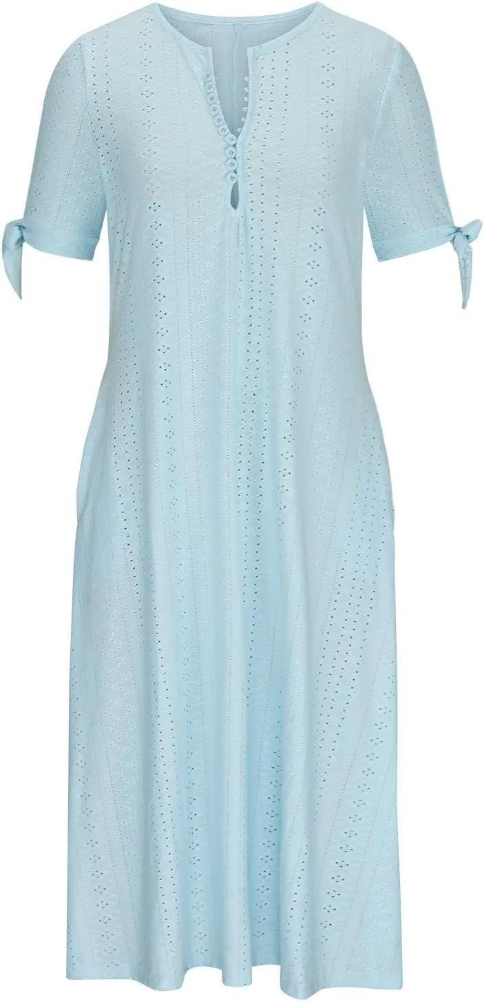 Women's A Line V Neck Dress Cut Out Short Sleeve Sundress Fashion Summer Casual Eyelet Breathable with Pocket