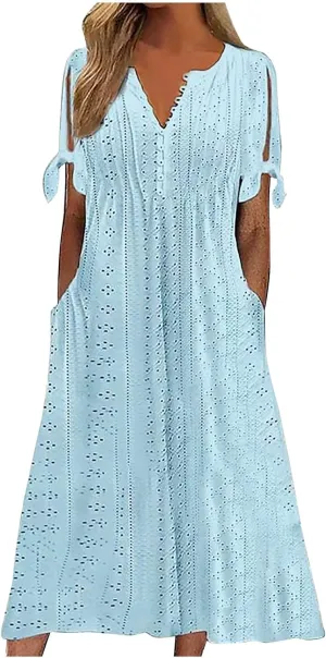 Women's A Line V Neck Dress Cut Out Short Sleeve Sundress Fashion Summer Casual Eyelet Breathable with Pocket