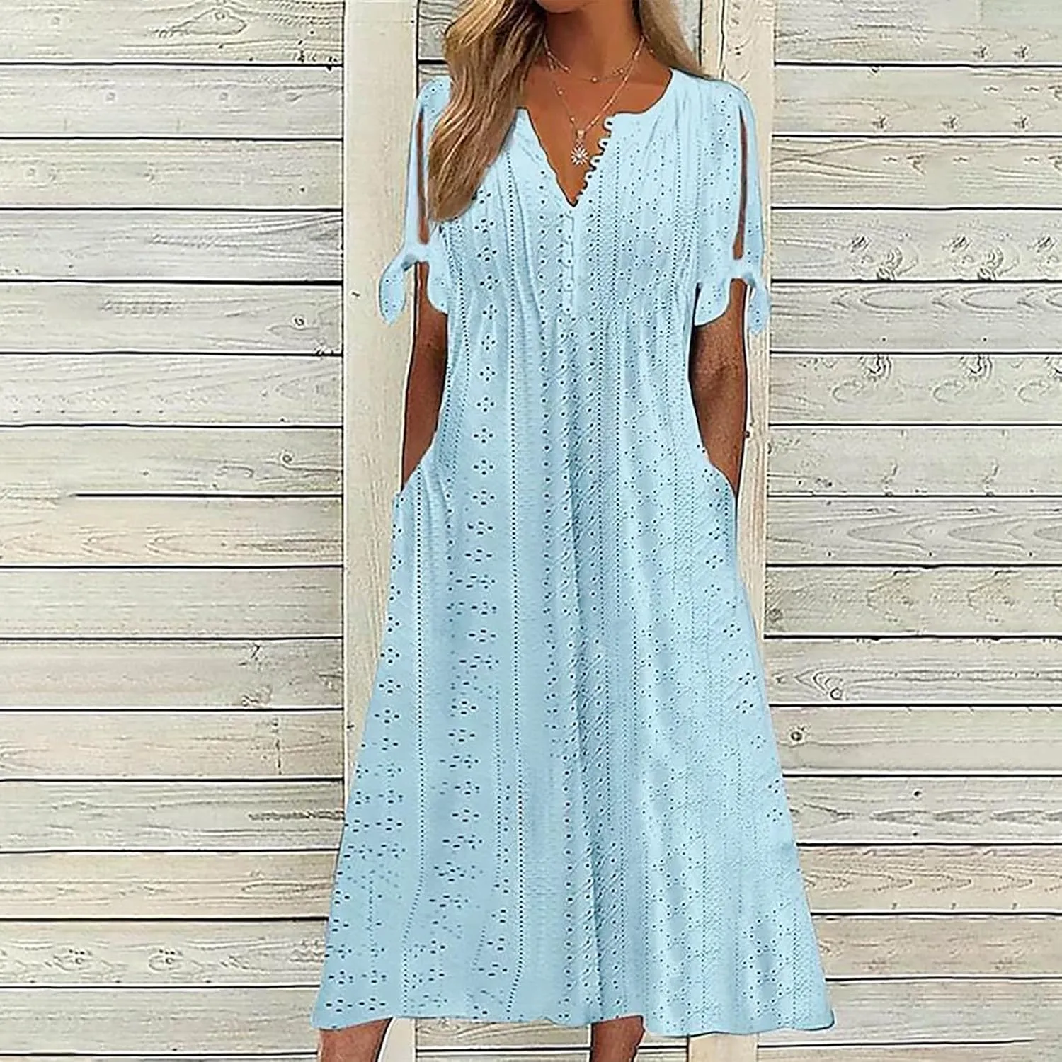 Women's A Line V Neck Dress Cut Out Short Sleeve Sundress Fashion Summer Casual Eyelet Breathable with Pocket
