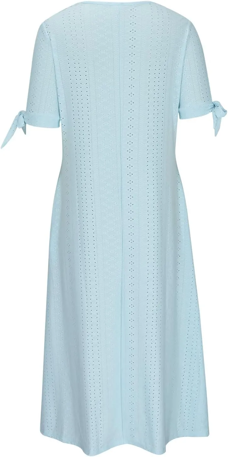Women's A Line V Neck Dress Cut Out Short Sleeve Sundress Fashion Summer Casual Eyelet Breathable with Pocket