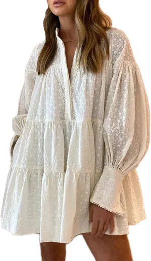 Women's Bohemian Floral Print Button Down Long Lantern Sleeve Shift Tunic Dress Casual Ruffle Swing Mini Dress