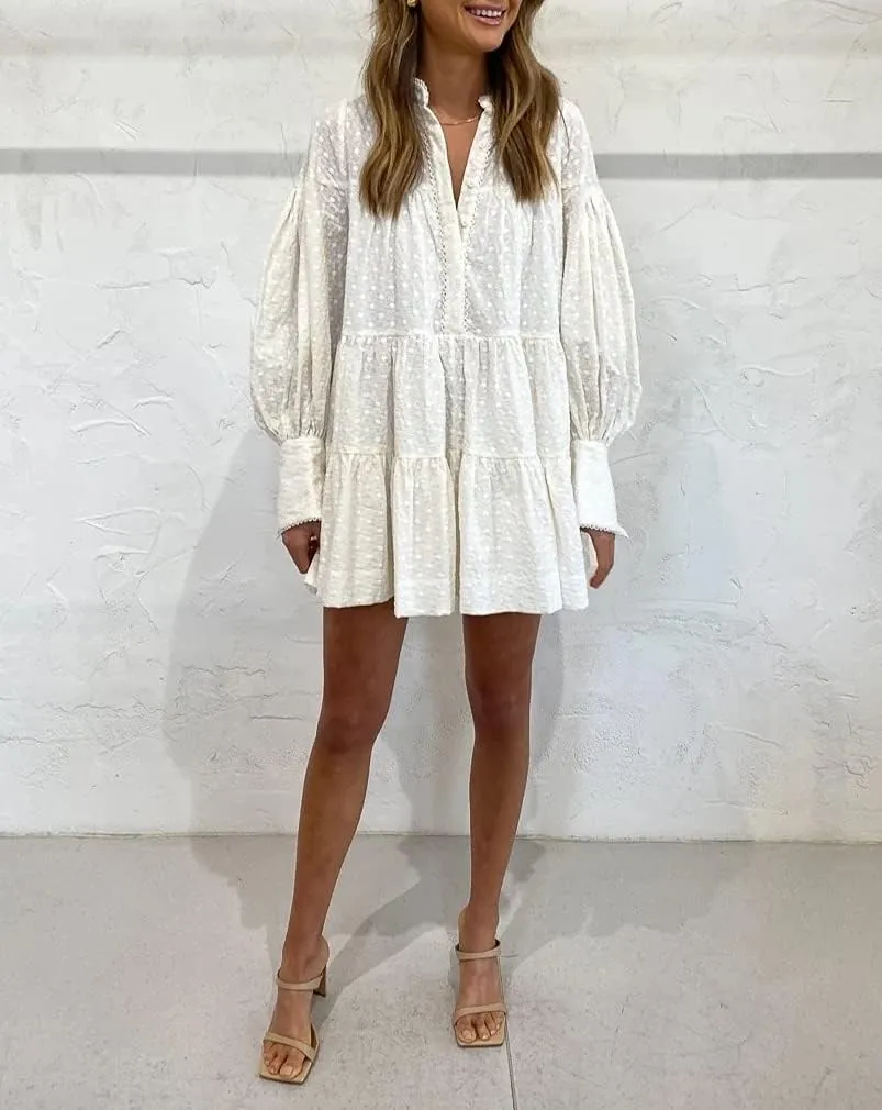 Women's Bohemian Floral Print Button Down Long Lantern Sleeve Shift Tunic Dress Casual Ruffle Swing Mini Dress