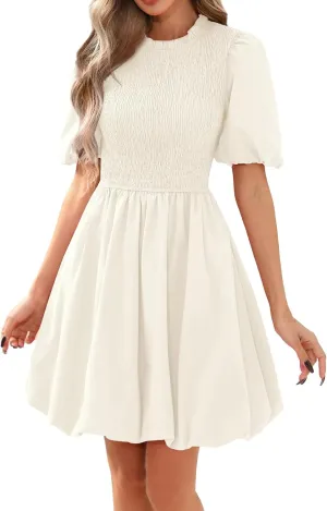 Womens Boho Dresses Short Puff Sleeve Crew Neck Dress Summer Tunics Mini Dress Ruffle A-line Short Dresses for Women