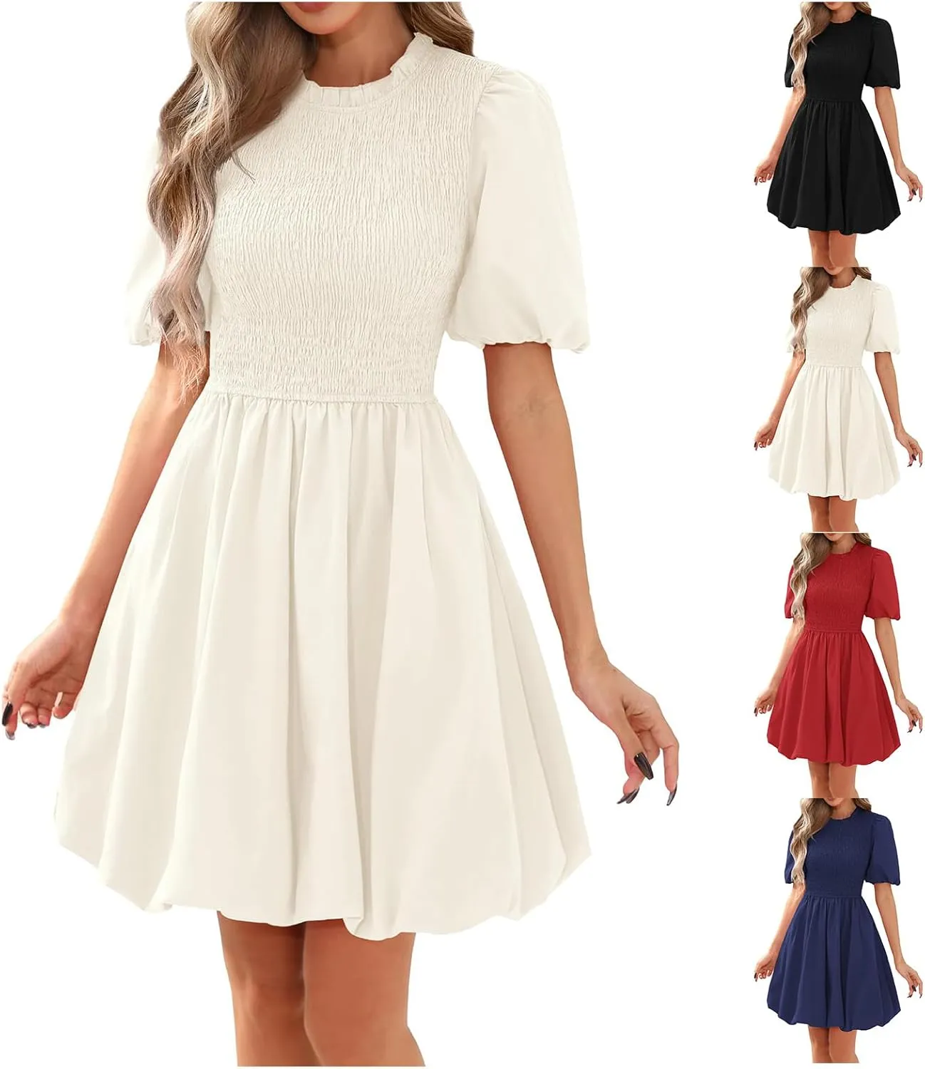 Womens Boho Dresses Short Puff Sleeve Crew Neck Dress Summer Tunics Mini Dress Ruffle A-line Short Dresses for Women