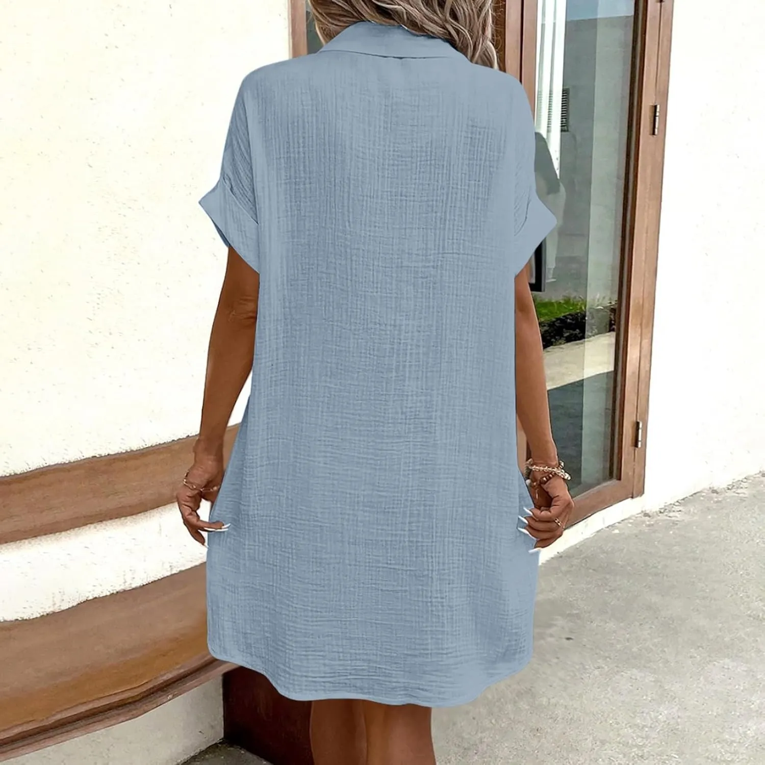 Womens Button Down Shirt Dress Summer Cotton Linen Dress V-Neck Mini Dress Casual Short Sleeve Loose Tunic Shift Dresses