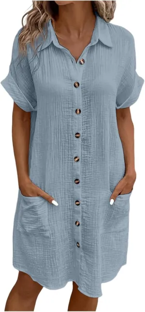 Womens Button Down Shirt Dress Summer Cotton Linen Dress V-Neck Mini Dress Casual Short Sleeve Loose Tunic Shift Dresses