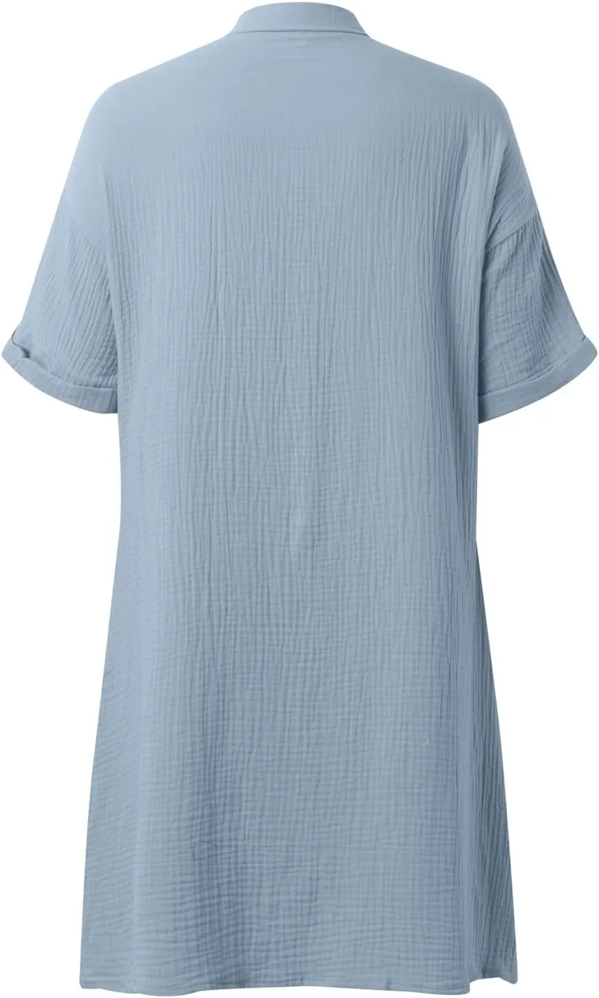 Womens Button Down Shirt Dress Summer Cotton Linen Dress V-Neck Mini Dress Casual Short Sleeve Loose Tunic Shift Dresses