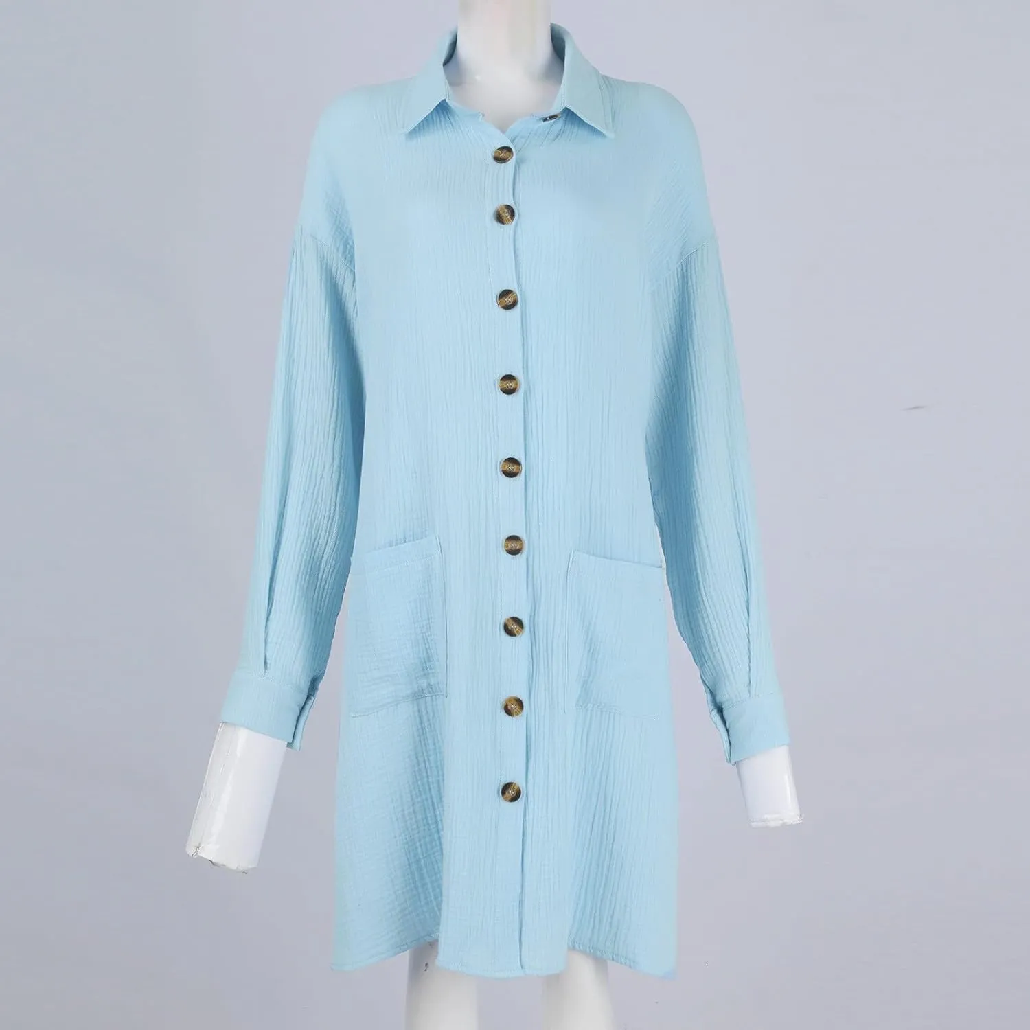 Womens Button Down Shirt Dress Summer Cotton Linen Dress V-Neck Mini Dress Casual Short Sleeve Loose Tunic Shift Dresses