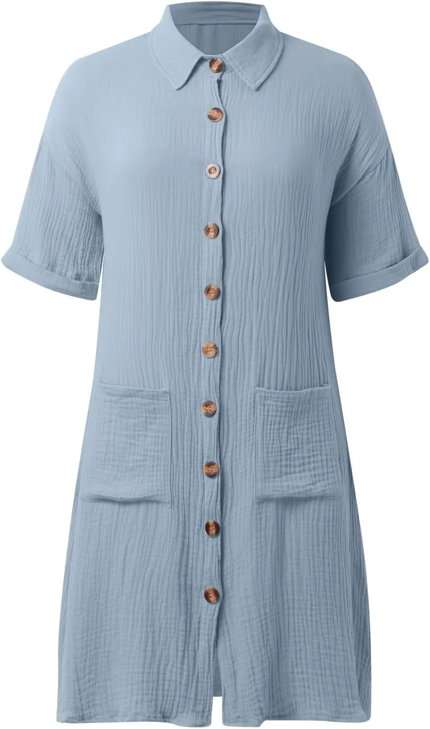 Womens Button Down Shirt Dress Summer Cotton Linen Dress V-Neck Mini Dress Casual Short Sleeve Loose Tunic Shift Dresses