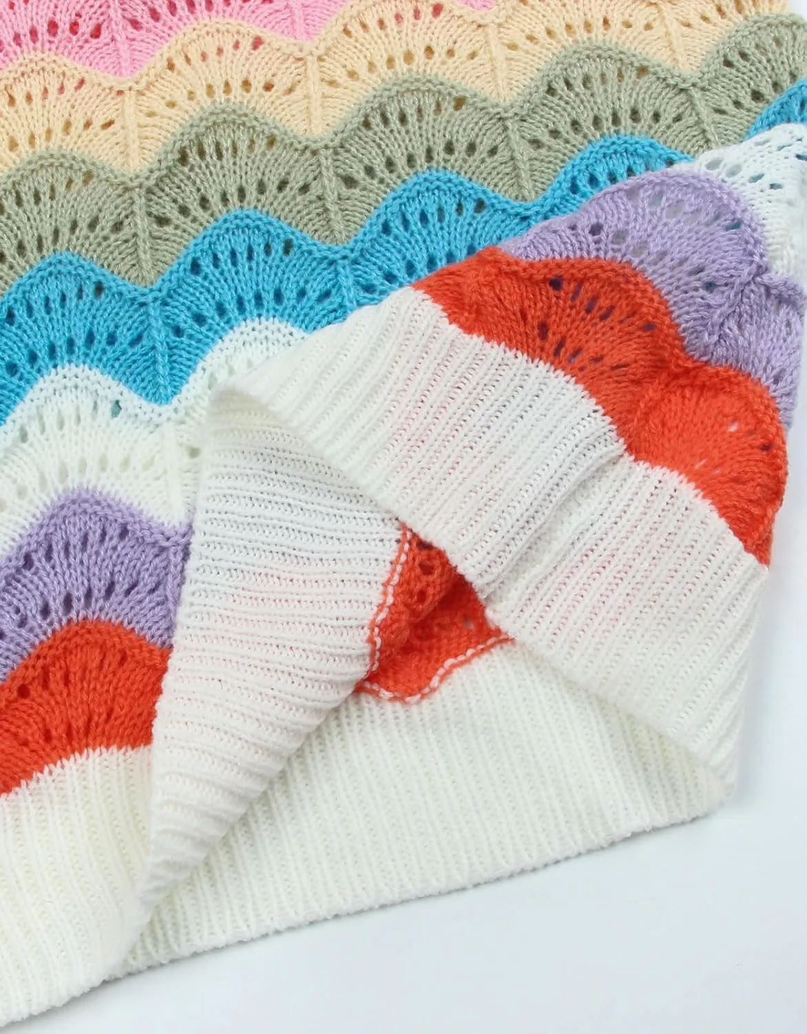 Women's Colorforful Striped Vest Sleeveless Crewneck Sweater Top Hollow Out Lightweight Knit Tops
