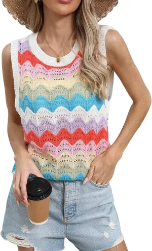 Women's Colorforful Striped Vest Sleeveless Crewneck Sweater Top Hollow Out Lightweight Knit Tops